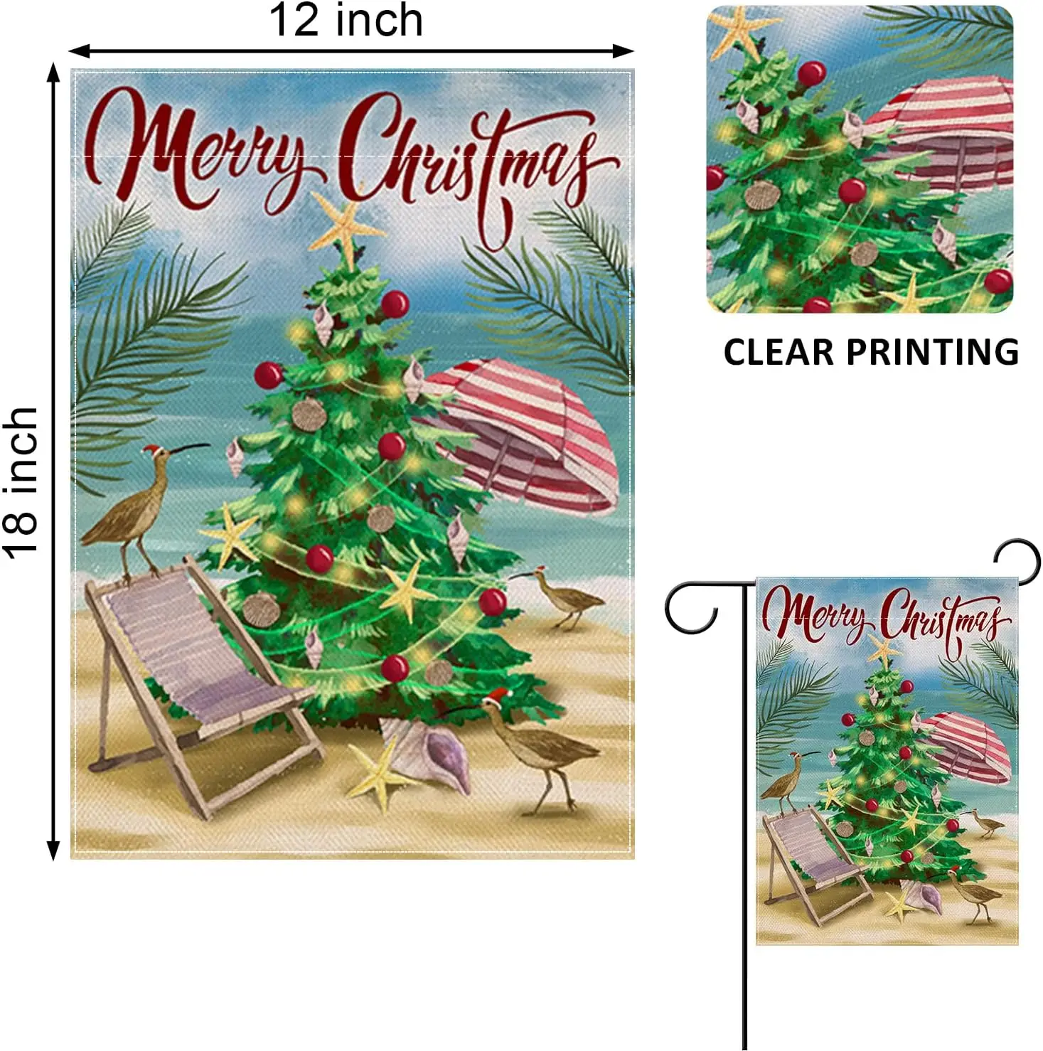 Home Decorative Merry Christmas Pine Tree Garden Flag, House Yard Xmas Coastal Bird Beach Outside Decoration, Winter Nautical Oc