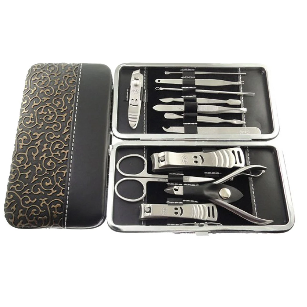 12Pcs Manicure Pedicure Set Stainless Steel Silver Plant Print Nail Grooming Kit Nail Care Tools Professional Travel Case