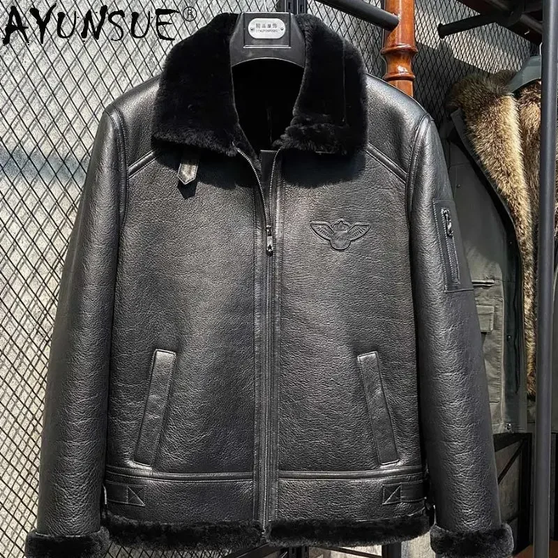 

AYUNSUE Nature Fur Coat Men's Motorcycle Sheepskin Real Leather Jacket Flight Jacket Lapel Thick Fur Jacket De Cuero Genuino FCY