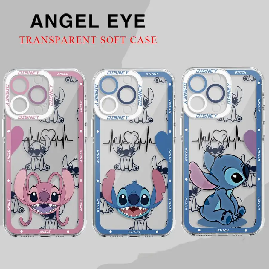 Disney Stitch Angle Lover Phone Case for iPhone 15 16 Plus 7 8 XS Max 12 Pro 13 Mini XR 11 14 Pro Max SE Clear Silicone Cover