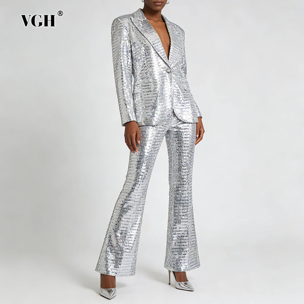 VGH Solid Design Sense Trend Sequin Two Piece Sets For Women V Neck Long Sleeve Top High Waist Pants Summer Chic Set Female New