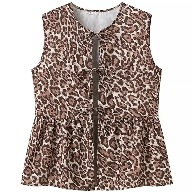 HXAO Leopard Print Bow Vest Women Tank Tops Summer 2024 Female Hollow Out O-Neck Sleeveless Lace-Up Top Fashion Street Vests