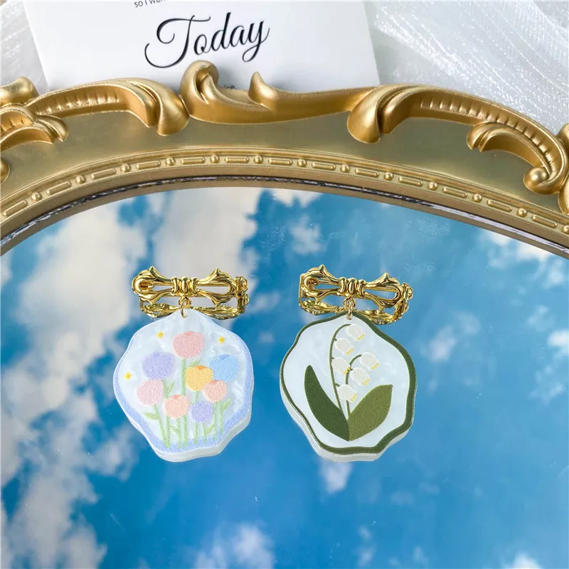 Cute Lily Valley Tulip Acrylic Pendant Bowknot Pins Romantic Orchids Flower Bow Enamel Brooch Collar Badge Friend Gifts Jewelry