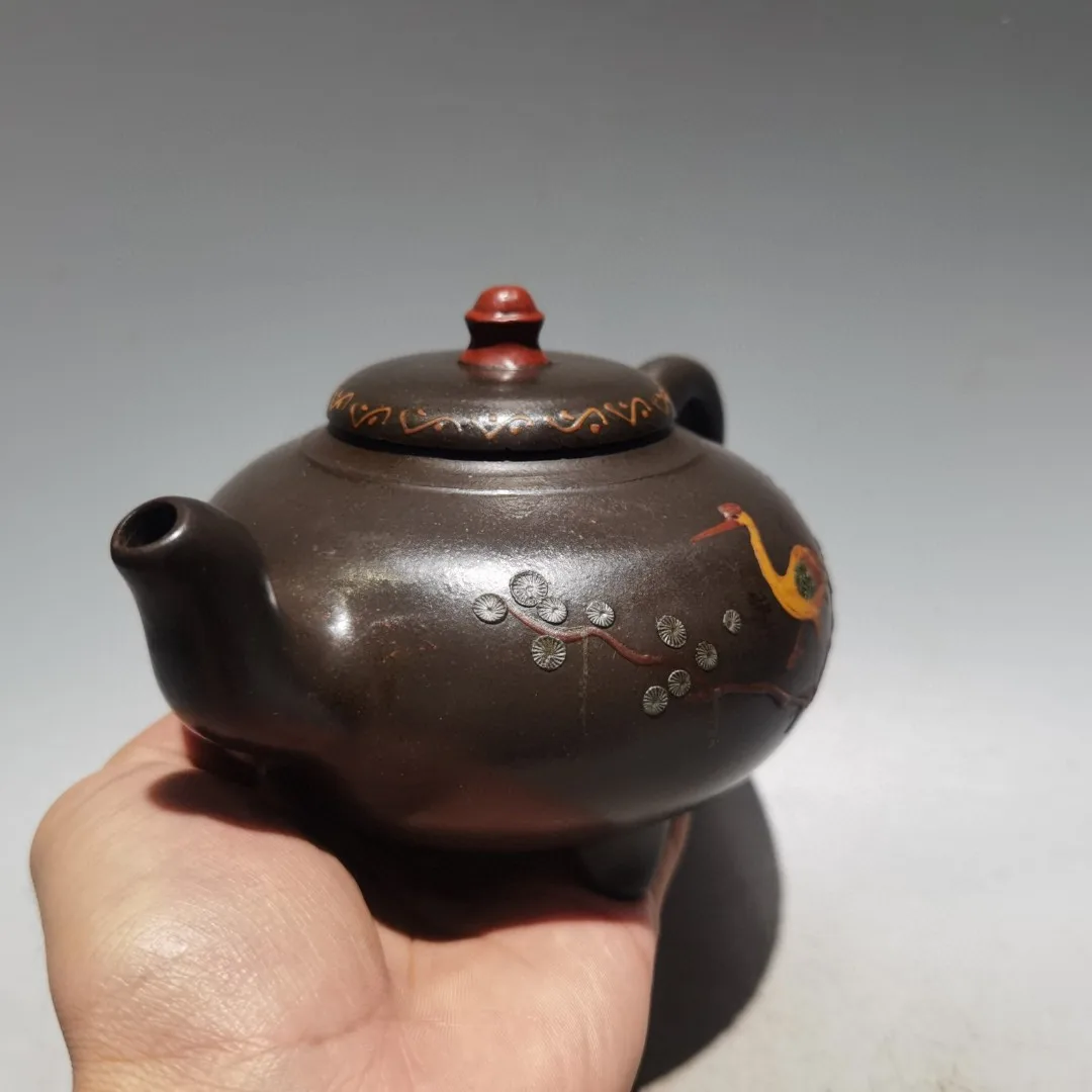 Purple teapot Yixing Purple Clay Teapot Painted Crane pine pattern Longevity pot Three legged pot Kettle Teapot