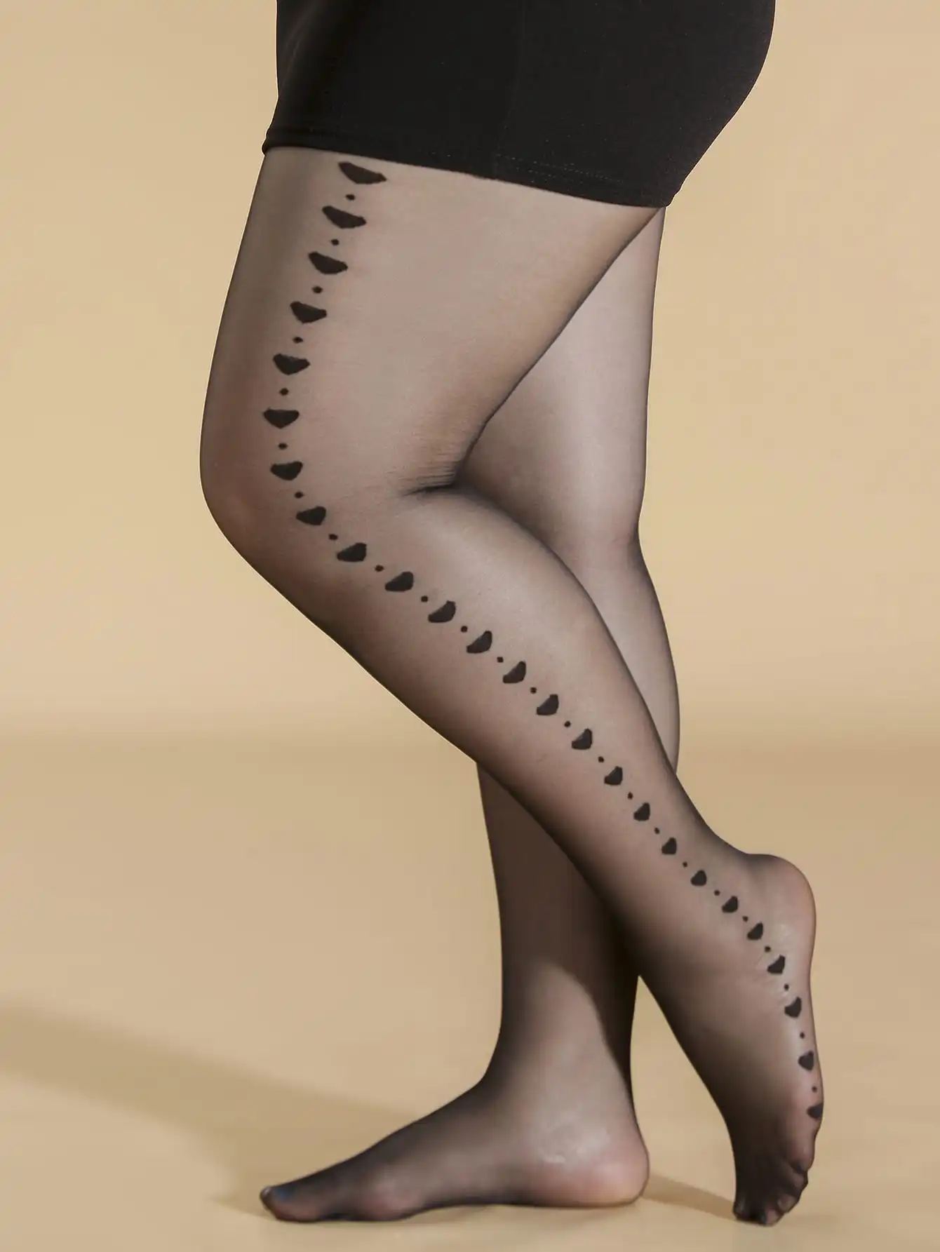 Large Size Transparent Black Casual Stockings, Women's Plus Heart Jacquard Side Semi Sheer High Rise Pantyhose