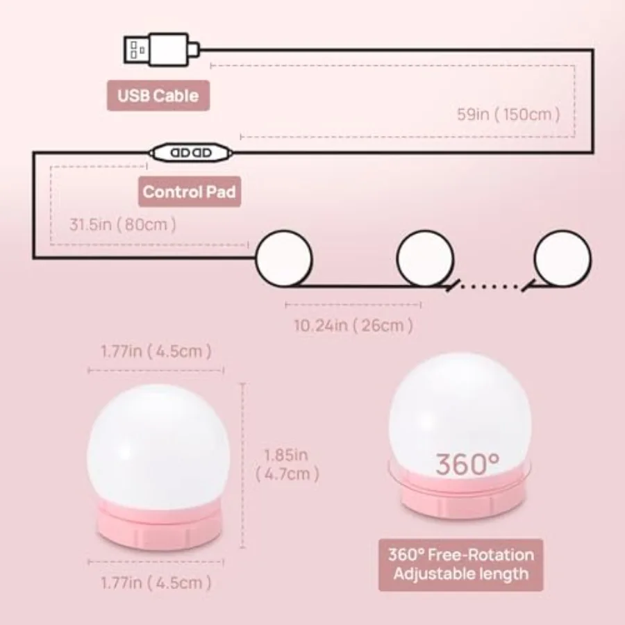 LED Vanity Lights for Mirror, Hollywood Style Vanity Light with, Adjustable Color and Brightness, USB Cable, Mirrors Lights Sti