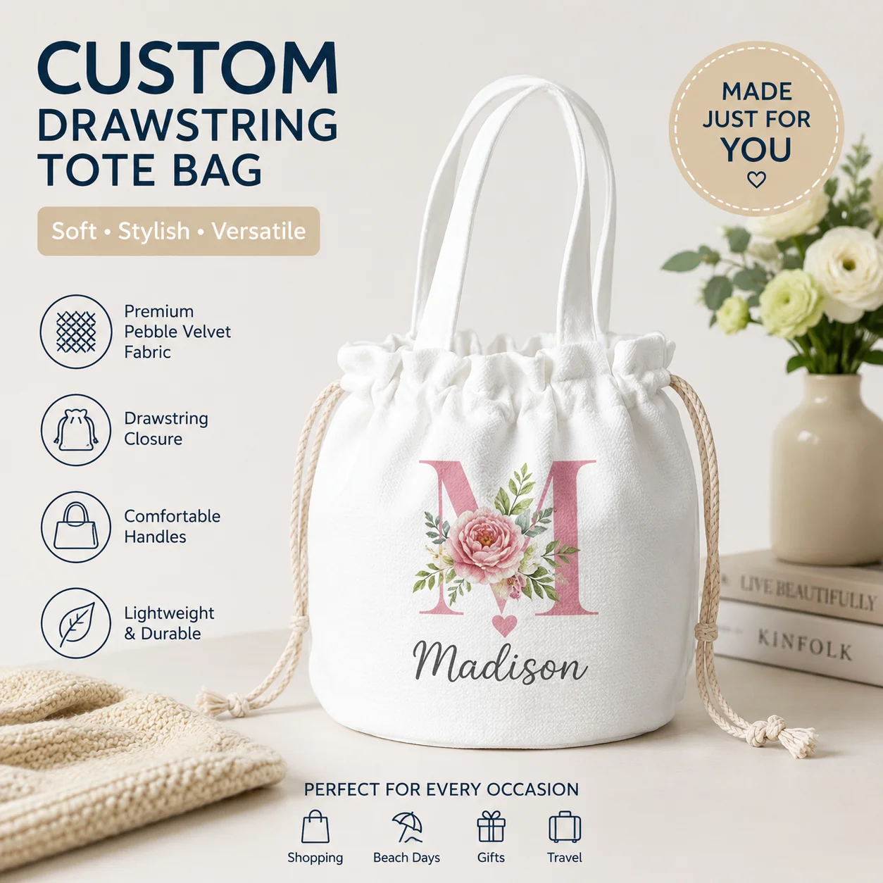 Custom Pet Photo Drawstring Tote Bag Personalized Dog Cat Lover Gift Handbag for Women