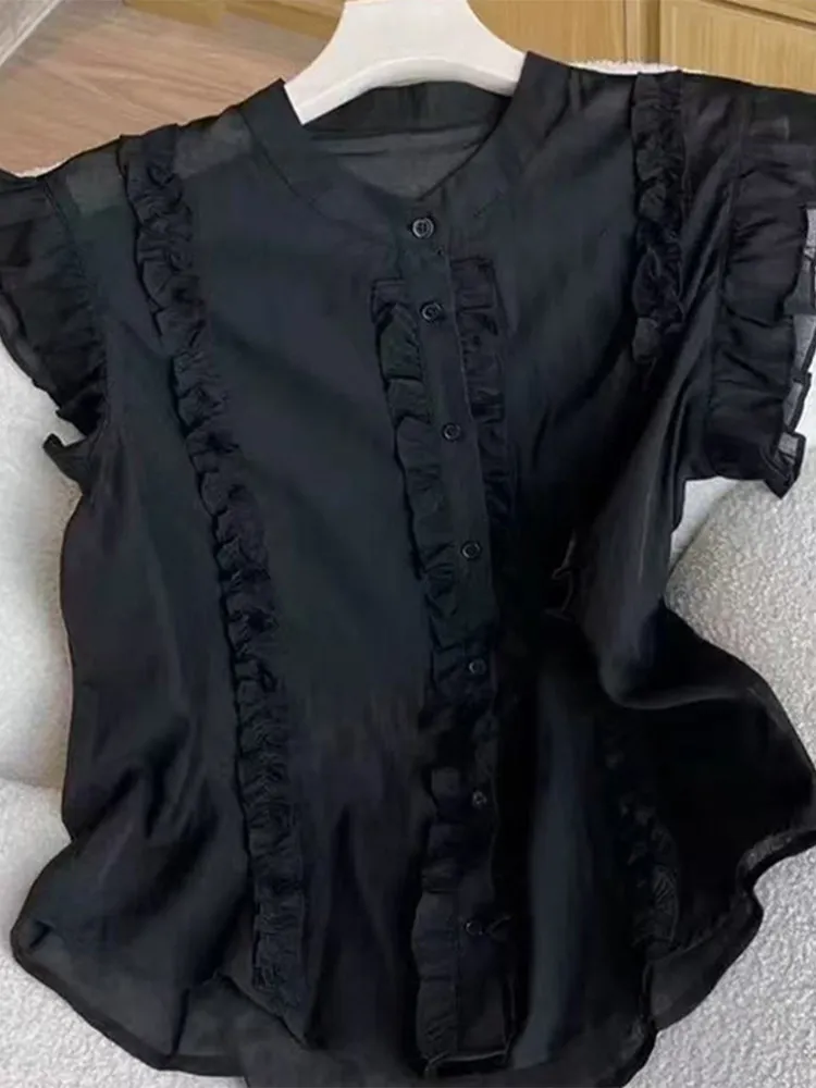 

Ele Single-Button ort-Sve irt Women's Faion 2026 Summer New Sle Age-Defng Small Flng Sve Top