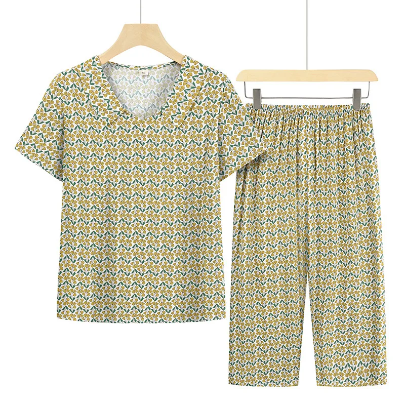 Mutter im mittleren Alter zu Hause Anzug für Frauen 2 Stück Set Outfit Nachtwäsche Sommer Pyjama Set Revers Pijama Feminino Blumen pyjama