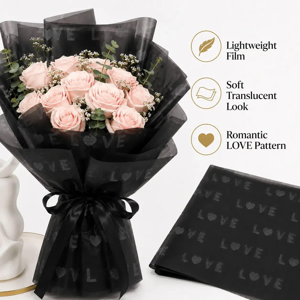 20 Sheets Black LOVE Flower Wrapping Paper, Waterproof Floral Bouquet Wrap for Valentine Wedding Anniversary Romantic Gift