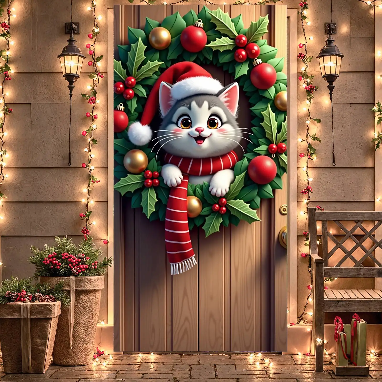 Cute Christmas Banner Christmas  Holiday Banner Wreath Decoration Red Gold Pet Christmas Banner for Christmas Party Home Decor