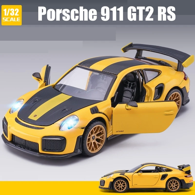 1/32 Porsche 911 GT2 RS Carrera Toy Car Model Diecast Metal Racing Miniature Pull Back Sound & Light Collection Gift For Boys