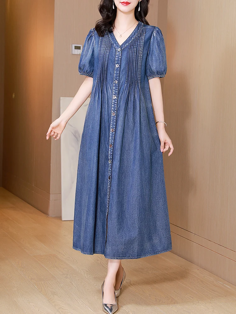 

TIYIHAILEY-Women's Long Mid-Calf Single Breasted Denim Dresses, Chinese Style Embroidery, Short Sleeve, Vintage, M-XL