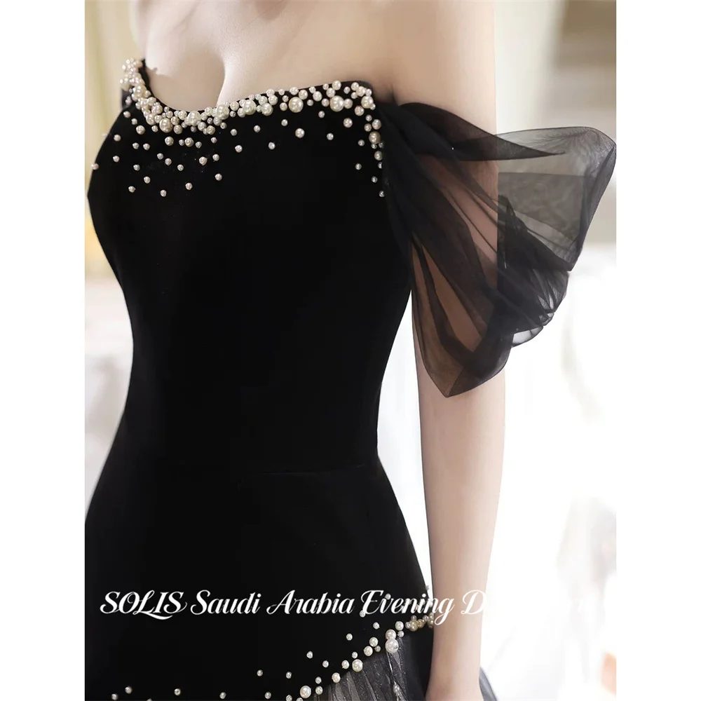 

SOLIS Black Party Dress Off Shoulder Evening Dress Short Sleeve A Line Prom Gown with Pearls فساتين سهره Customized