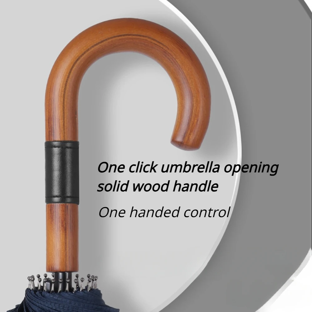 Long Handle Umbrella Large Automatic Umbrellas 24-Bone Solid Wood Handle Sturdy Wind Resistant Reinforcement Rainstorm Umbrella