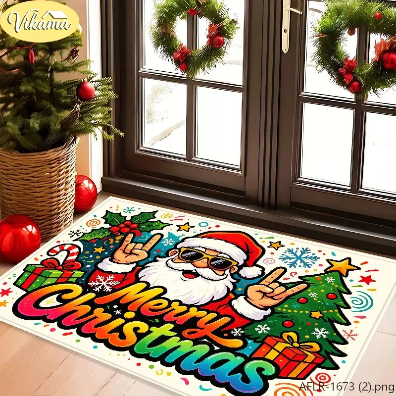 VIKAMA Merry Christmas Rainbow Letter Santa Doormat Welcome Mat Non Slip Front Door Rug Xmas Decor Home Holiday Winter