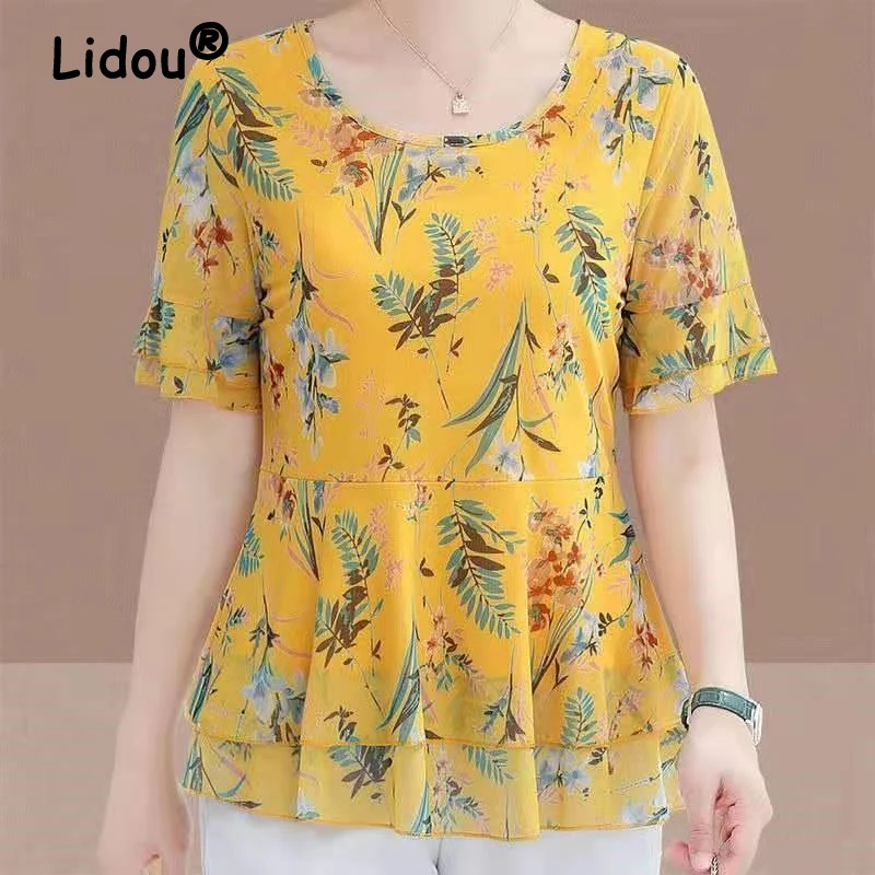 Women Clothes Double Layer Ruffle Floral Print Elegant Blouses Summer Fashion O Neck Short Sleeve Shirts Ladies Slim Tops Blusa