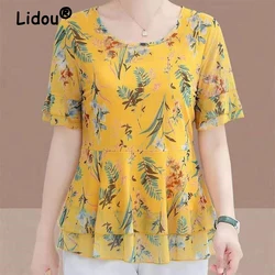 Women Clothes Double Layer Ruffle Floral Print Elegant Blouses Summer Fashion O Neck Short Sleeve Shirts Ladies Slim Tops Blusa