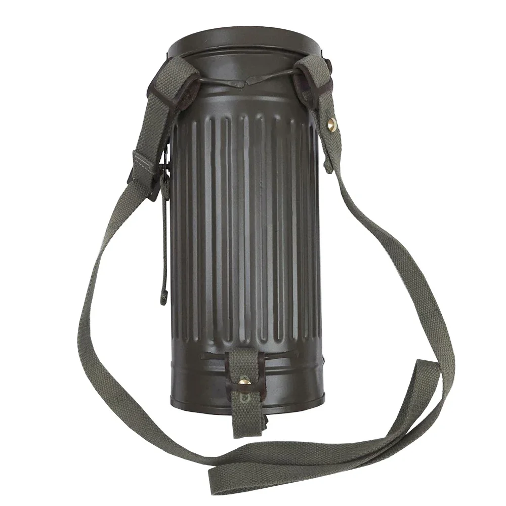 WWII German M38 Gas Mask Canister with Canvas Pouch Leather Tie Strap Full Set with Backpack Strap