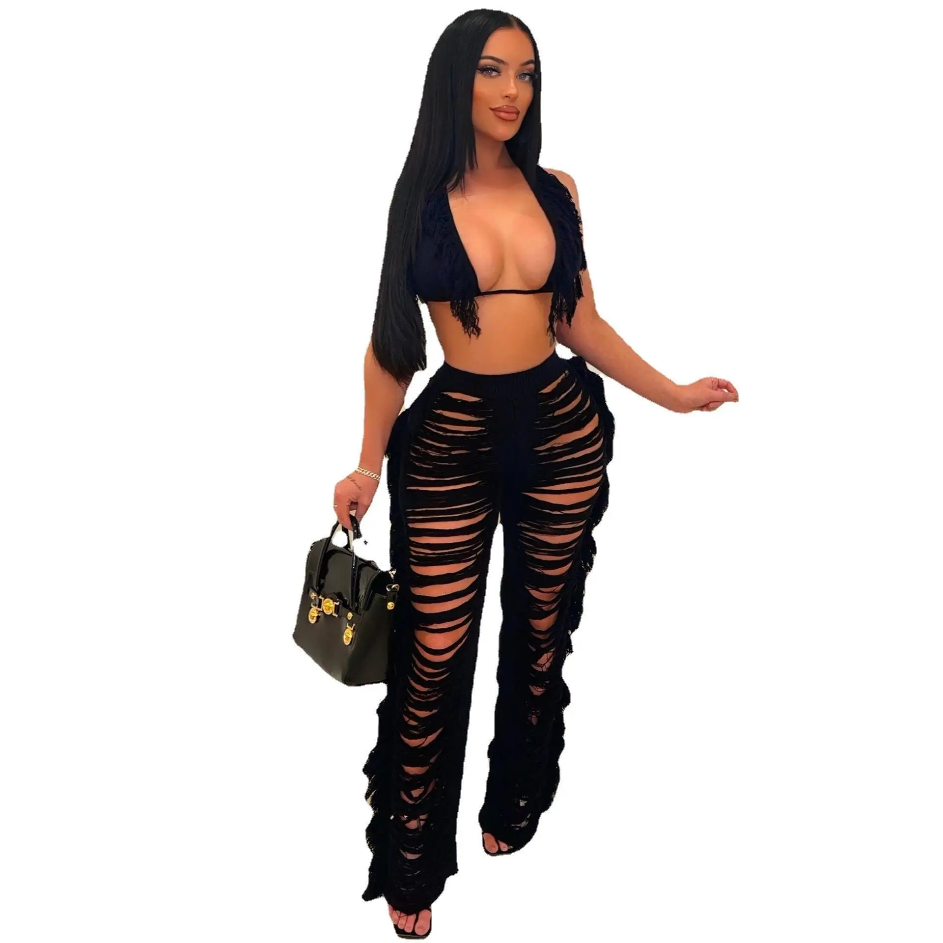 Women\'s New Clothing Solid Color Sexy Halter See through Backless Tank Top Cami Tassel Knitted Pants Trousers Suit Set