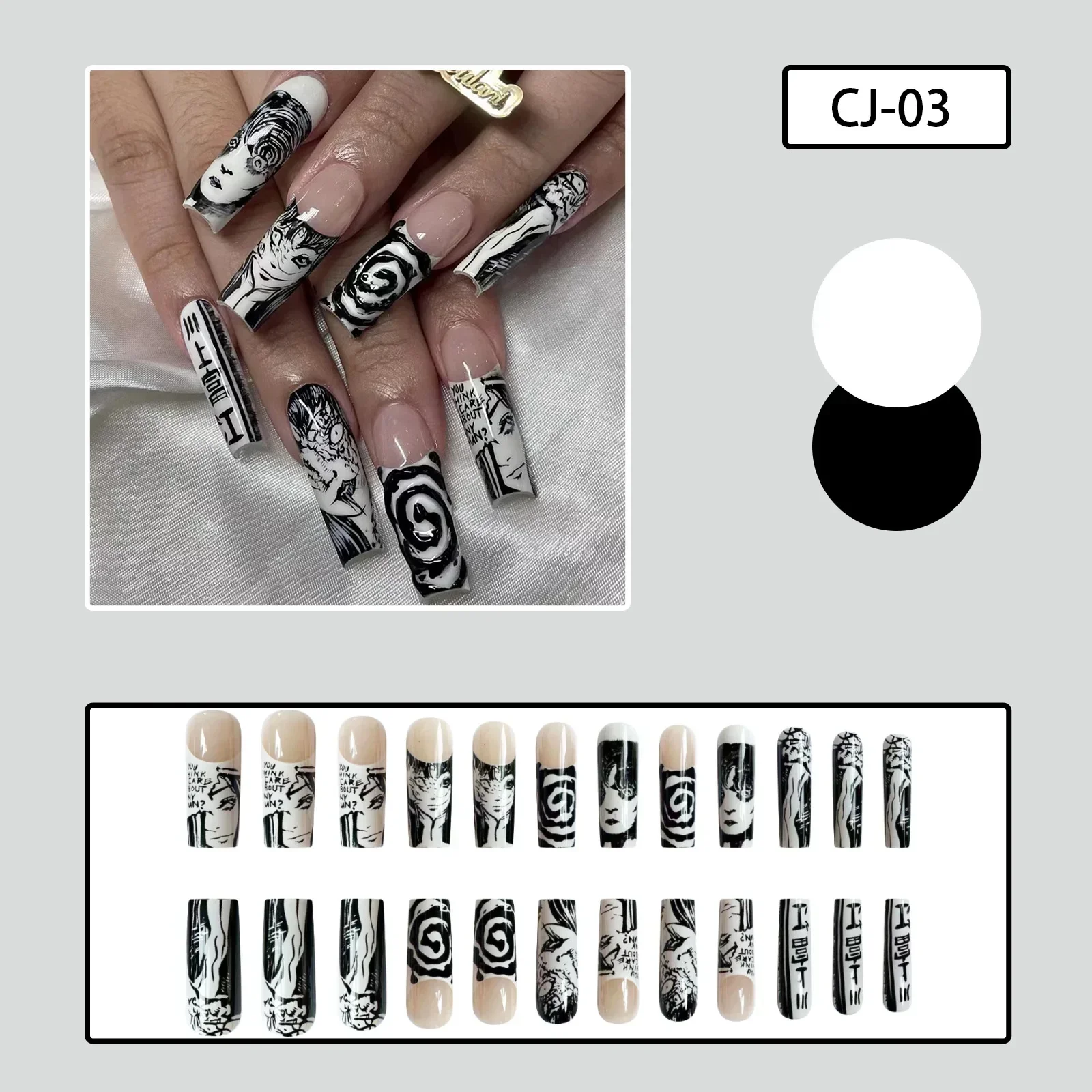 24pcs Horror Manga Gothic Style Fake Nails Black White Anime Nail Art Press on Nails Nail Accessories Popular False Nails