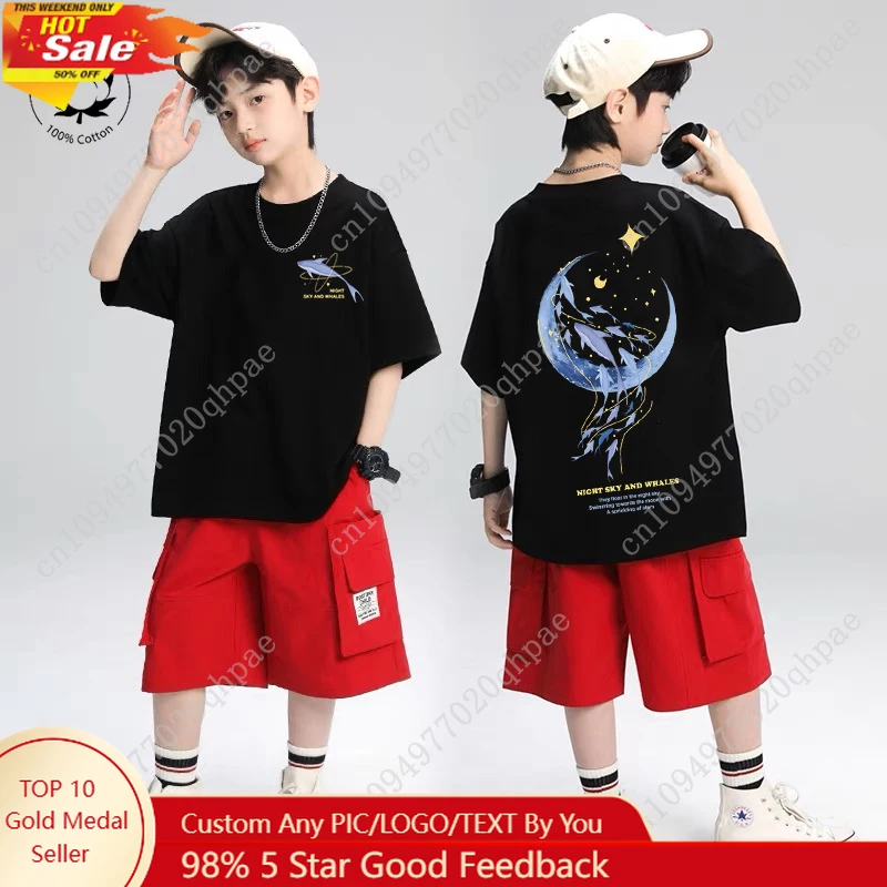 

Korea Children's Clothes 2025 Summer T Shirts Whale Cartoon Pattern Tops Fashion Boys Short Sleeve Cotton Tees Girls Clothes