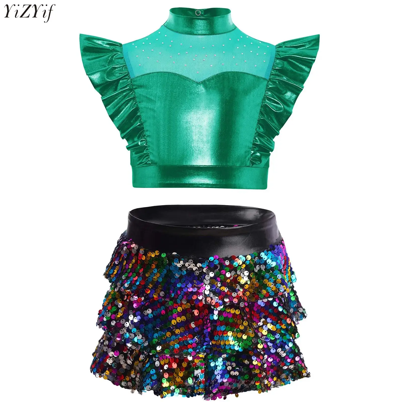 

Kids Girls Sequins Jazz Dance Outfit Shiny Rhinestones Metallic Sleeveless Crop Top+Tiered Ruffled Culottes Skirt Hip-Hop 2Pcs