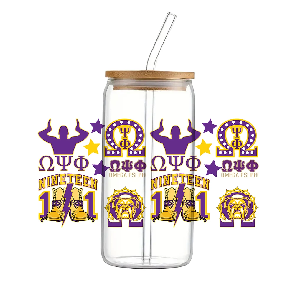 Omega psi phi fraternity UV DTF dovést nálepka vodotěsný převody obtisky pro 16oz sklo pohár balit nálepky