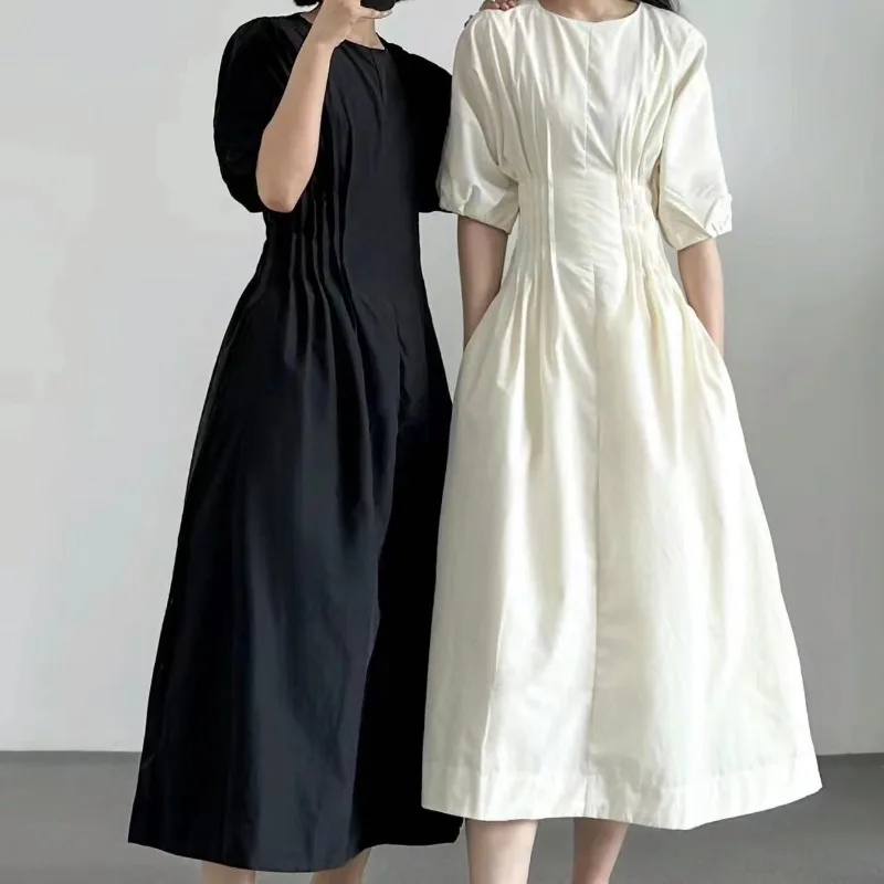 Simple O-neck Short Sleeve Dress Pleated Slim Waist A-line Puff Sleeved Robe Female Summer New Sweet Elegant Casual Vestidos