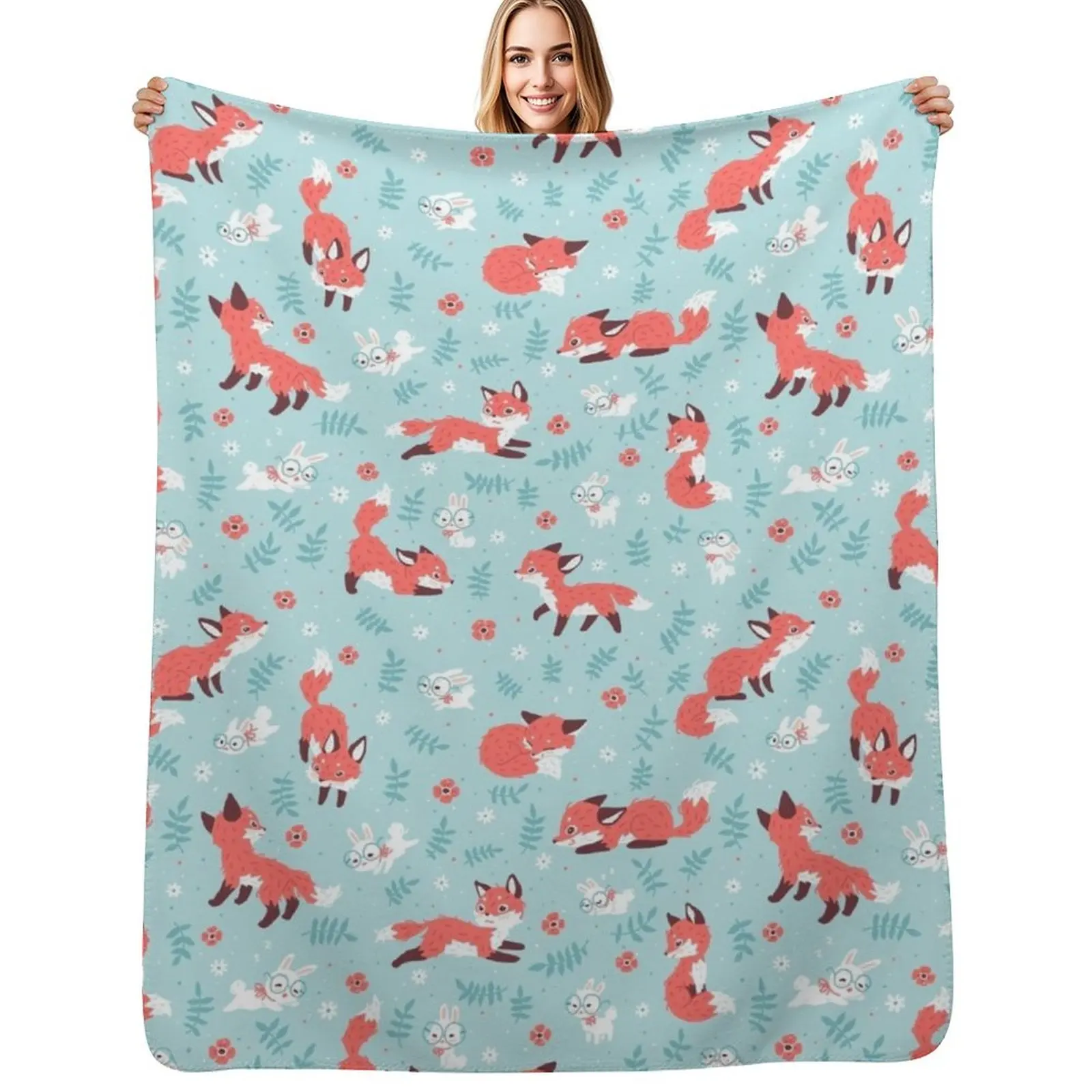Fox and Bunny Pattern Throw Blanket Air Conditioner Soft Blanket for Office Home