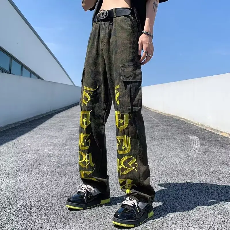 

Мужские джинсы American High Street свободного кроя с принтом, повседневные, прямые, из драпирующейся ткани, удобные, универсальные, модные