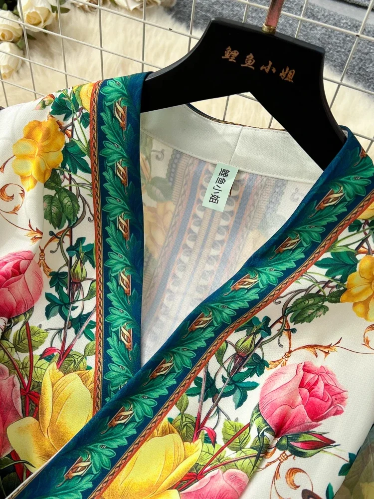 France Elegant Vintage Palace Evening Dress Women Print Sashes Mesh Long Party Dress Female Casual Holiday High End Clothing New