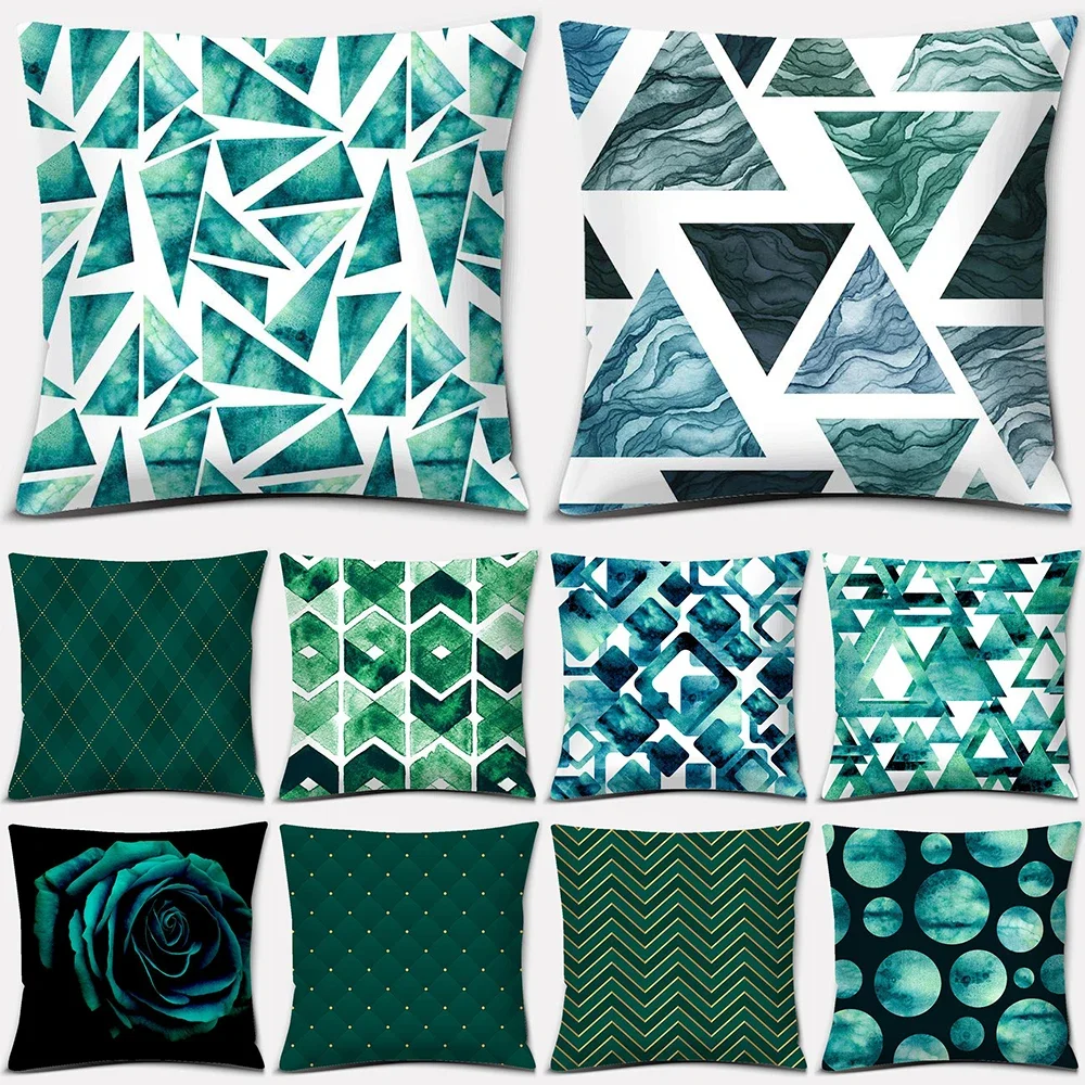 Dark Green Geometric Printed Pattern Cushion Cover for Home Living Room Sofa Decoration Waist  Pillowcase