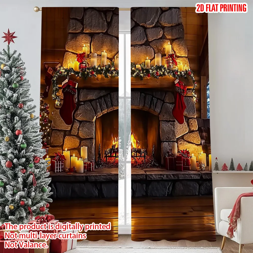 

2pcs 2D flat printing Merry Christmas Curtains Country Style Stone Fireplace Durable 100% Polyester Fabric Without Electricity