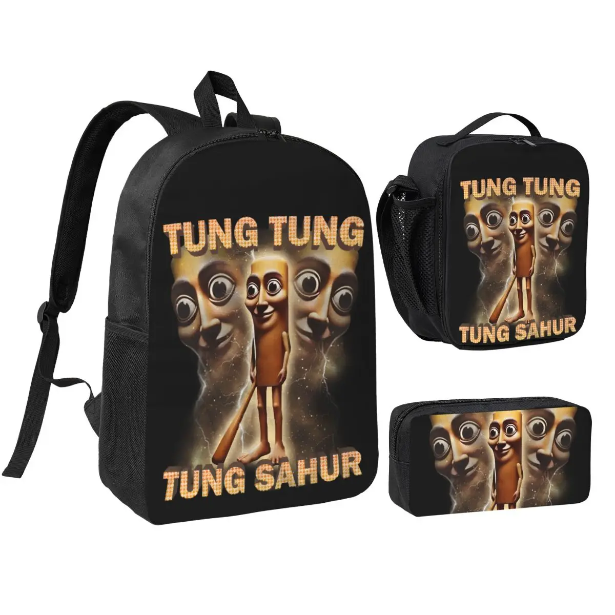 Tung Tung Tung Sahur 3pecs/set Backpack for Student Italian Brainrot Meme Laptop Canvas Bags Lunch bag Pencil Case