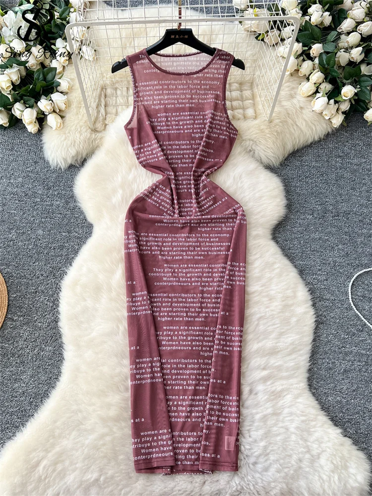 SINGREINY Chic Sheer Sexy Mesh Dress O Neck Elastic Waist Skinny Letter Print Fashion Design Women Summer Beachwear Dress