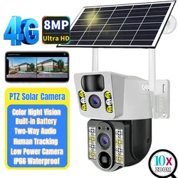 4K 8MP 4G Solar Camera Dual Lens Low Power Battery CCTV PIR Motion Detection Auto Track V380 smart Security Surveillance Monitor