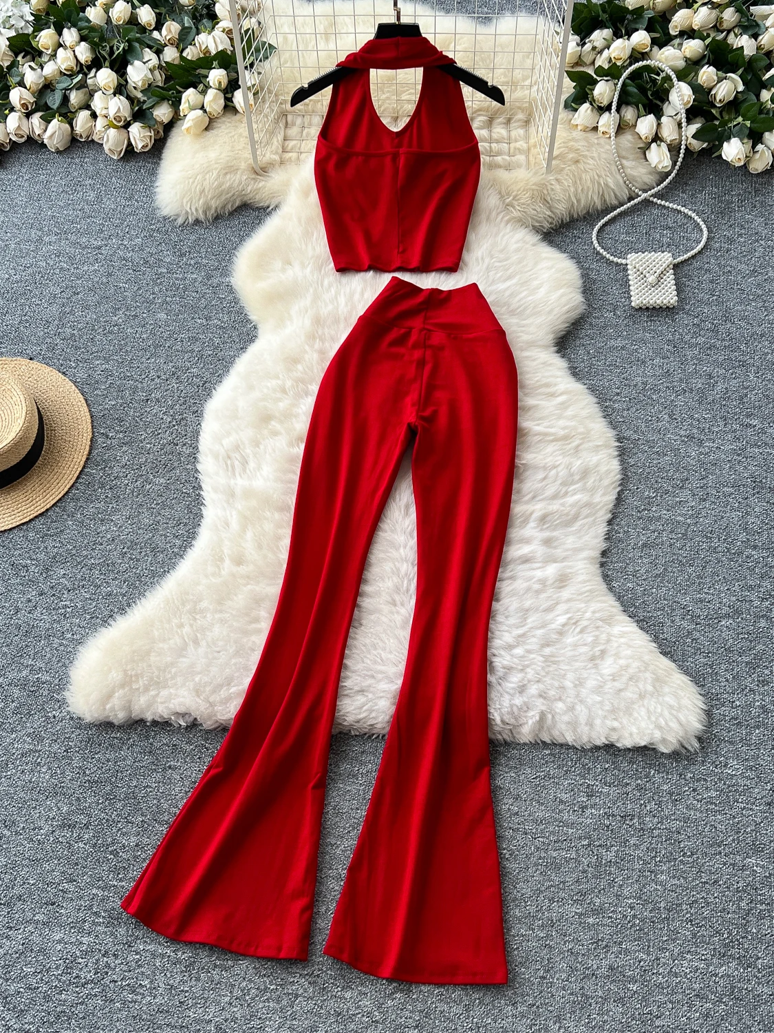 

Summer Faion Women's Pure Desire Spicy Girl V-ne Hanging Ne Strapl High-waist Wrap-around Bell Bot Long Pants