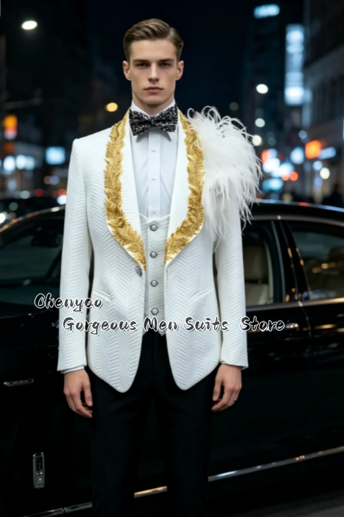 High End Men Suits Herringbone Tuxedo Suit Gold Leaf Embroidery Feather Shoulder Decor Slim Wedding Custom 3 Pieces Ropa Hombre