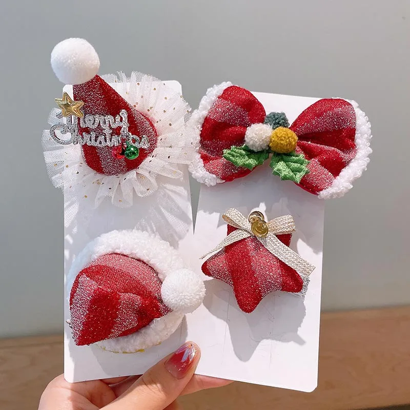 

Bow Hair Clip Red Christmas Fluffy Design 5PCS Set Santa Hat Headband Korean Cute Festival accessory Gift Idea
