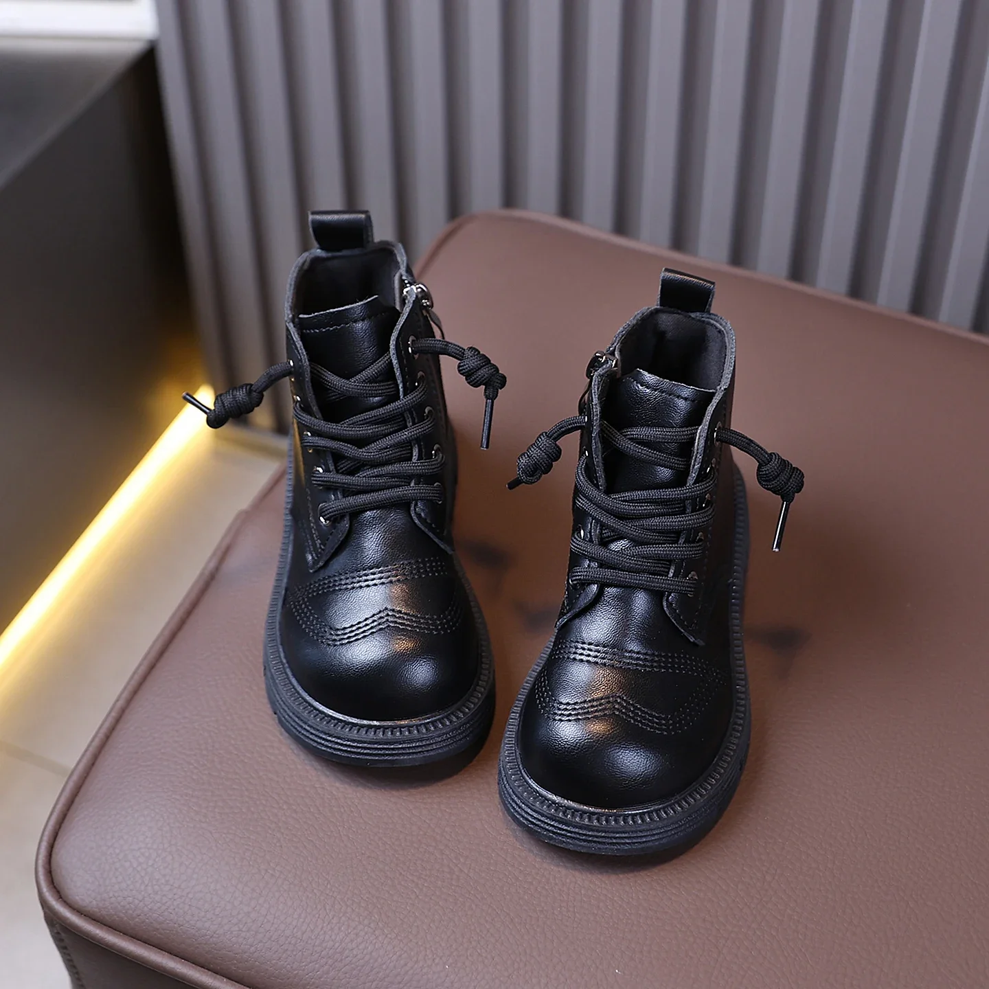 Toddler Kids Brogue Boots, Boys Girls Vintage Wingtip Ankle Side Zipper Non-Slip Thick Sole Autumn Winter Fashion Short Boots