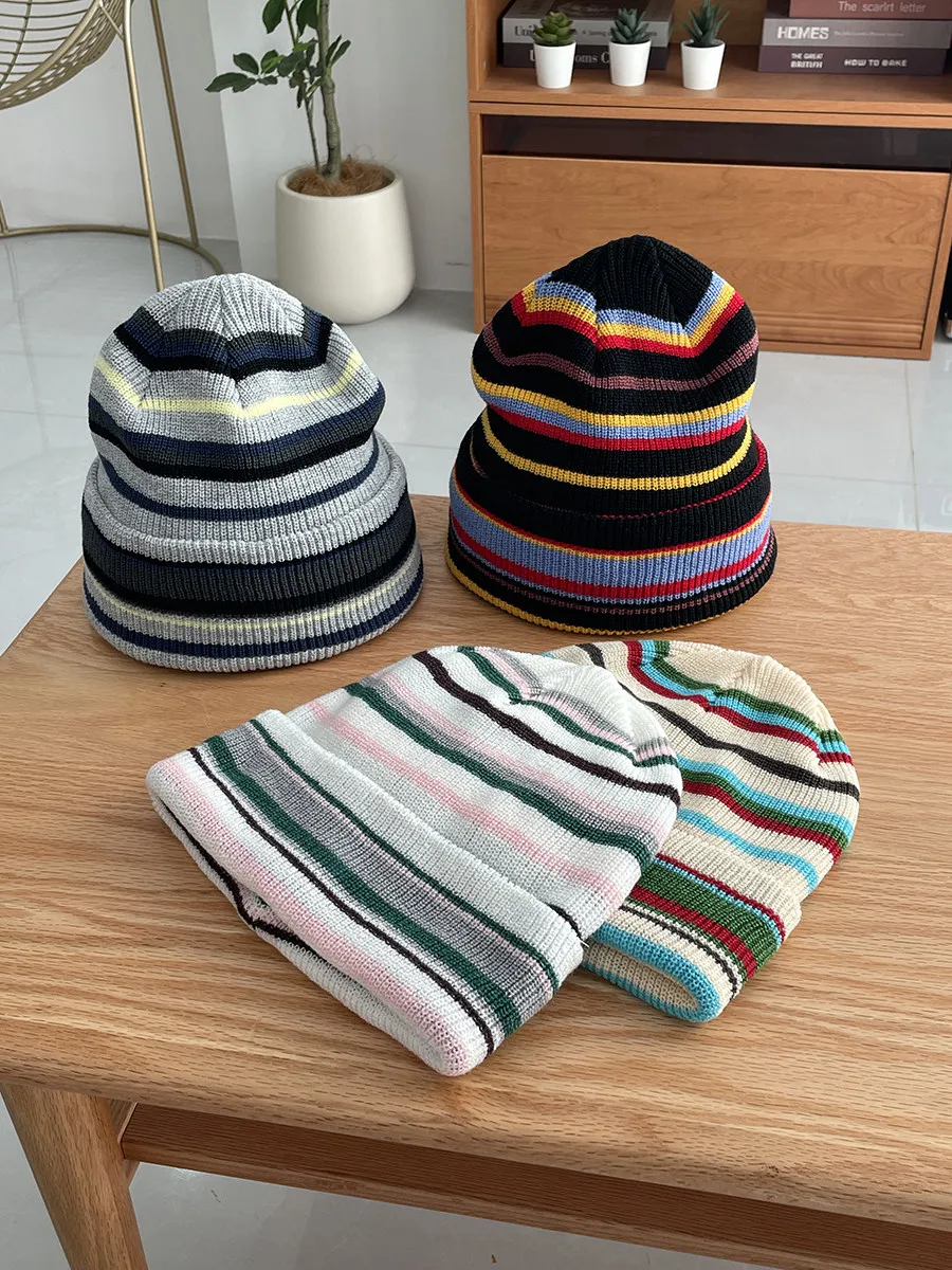 Korean Vibe Color Block Striped Knit Beanie Unisex Autumn Winter Earflap Slouchy Hat Face Slimming Warm Knitted Beanie Cap