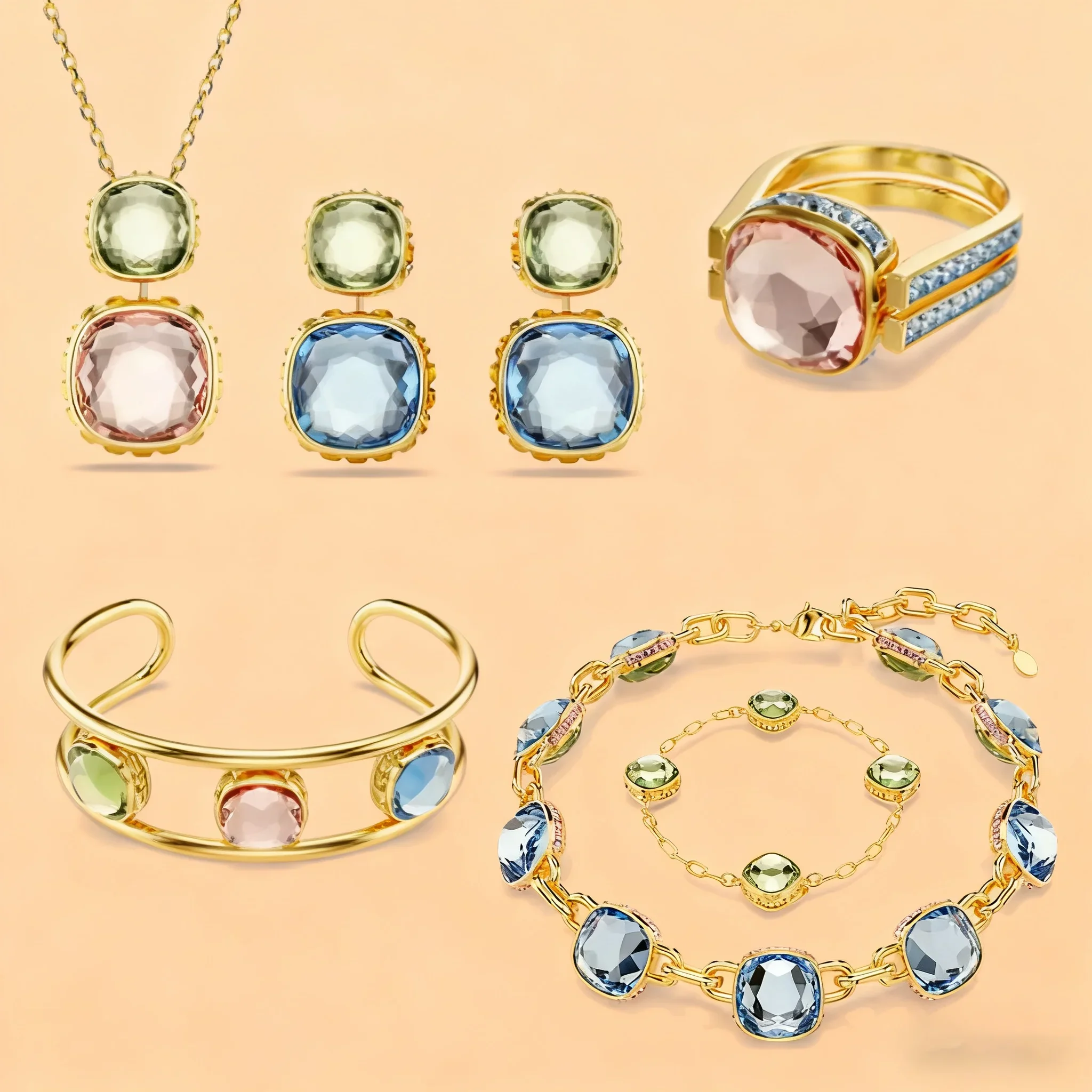 Conjunto de Joyería Fina Original 2025 para Mujer, Cristal Verde, Cristal Rosa, Brazalete Geométrico, Cristal con Corte Octogonal, Regalo Romántico