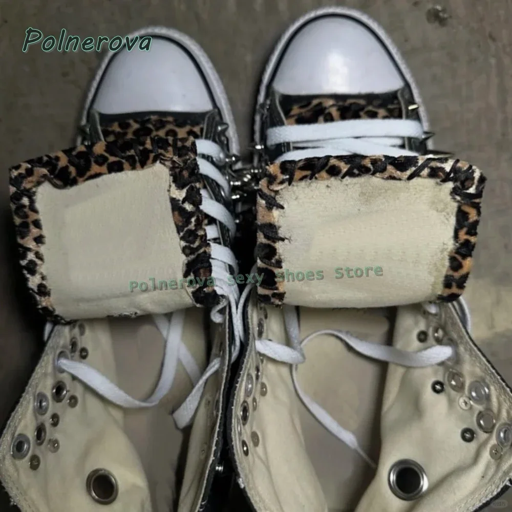 Leopard Print Spiked High Top Sneakers Women's Studded Punk Rock Shoes Casual Street Style Spicy Girl Lace Up Patchwork Pumps