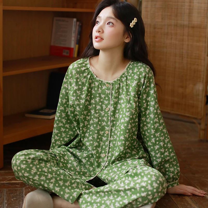 

Весенне-осенняя свободная одежда для сна из двухслойной марли в лесном стиле с длинными рукавами и цветочным принтом, большая женская домашняя одежда