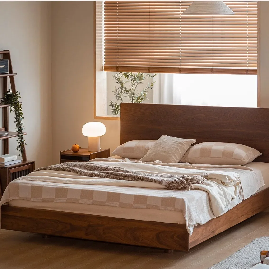 Nordic black walnut suspension bed master bedroom Japanese all solid wood bed