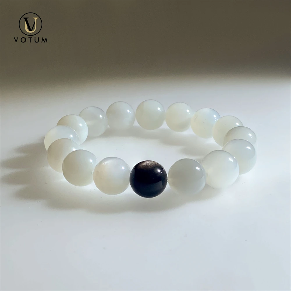 Votum Natural Black Silvery Obsidian White Moonstone Beaded Bracelet for Unisex Crystal Healing Chakra Energy Protection Jewelry
