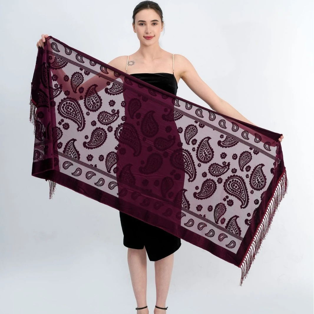 

2025 New Paisley Ethnic Style Velvet Lace Hollow Out Long Fringed Scarf Pashmina Fashion Evening Party Cheongsam Shawl