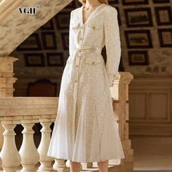 VGH Elegant Spliced Chain Mesh Dresses For Women V Neck Long Sleeve High Waist Patchwork Single Braseted Dress Female Fashion