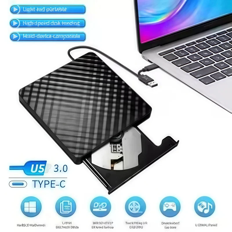 New High Quality USB 3.0 Type-C External Optical Drive, Universal Mobile CD DVD RW Burner Reader for Notebook Computer